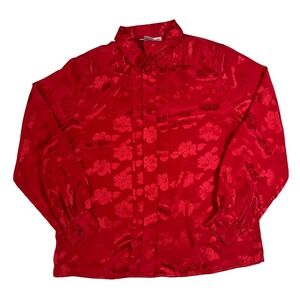 Vintage Allison Smith Red Floral Satin Blouse Size 16 Long Sleeve Made in Korea